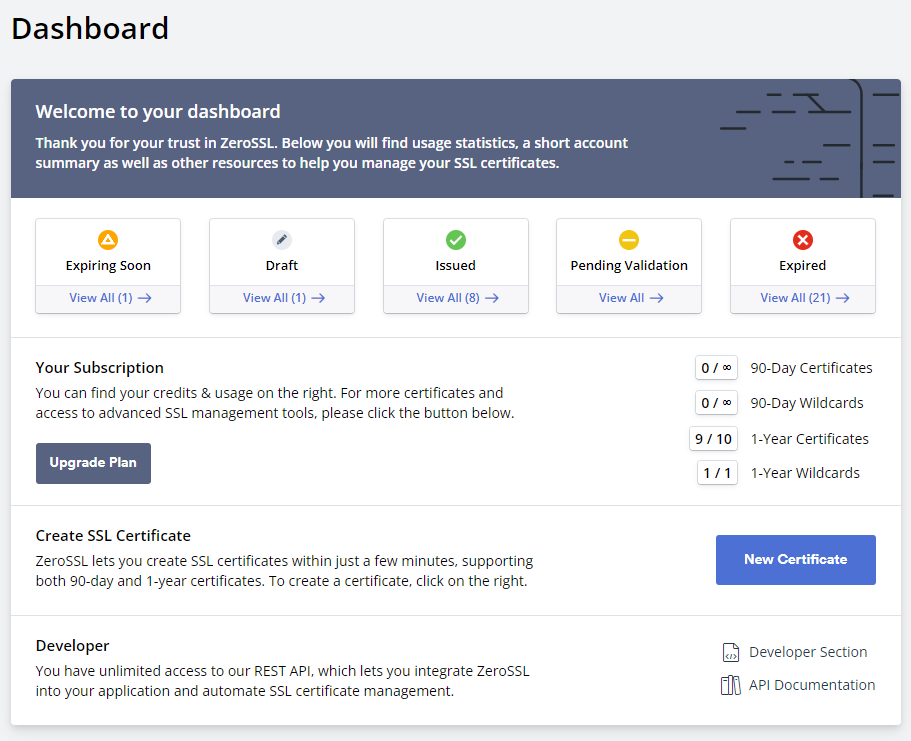 アカウントへログインし「Dashboard」より「New Certificate」をクリックします。